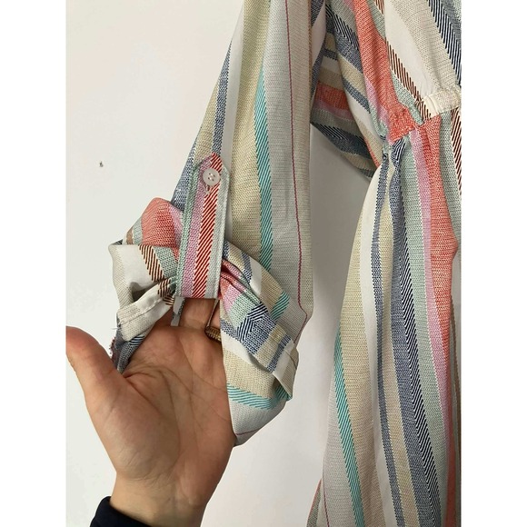 Hint of Blush Striped Drawstring Waist V-Neck Tunic Boho Western Prairie 353 - Picture 4 of 6